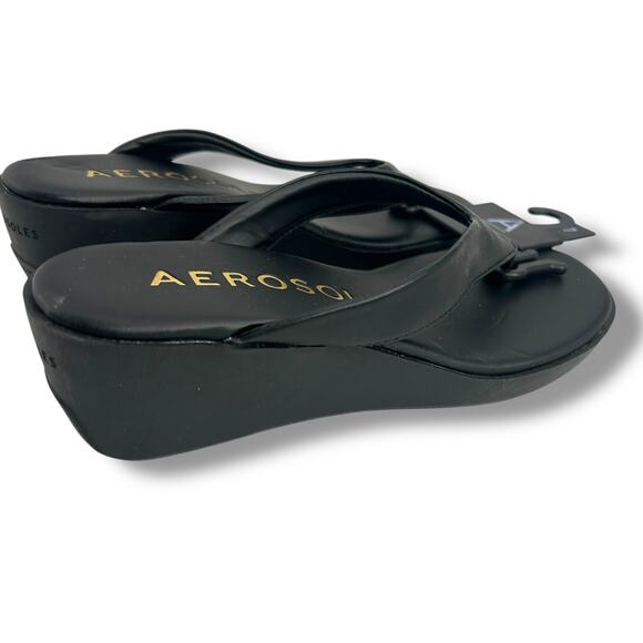 NEW Aerosoles Isha Wedge Sandals Size 7 Black Thong Platform Flip Flops - Picture 2 of 10